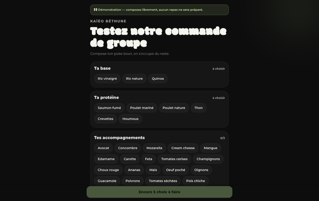 Page de commande de groupe : composition d'un poké bowl étape par étape